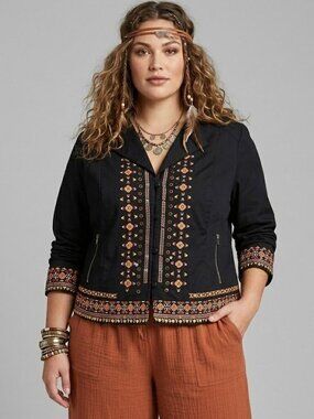 INC International Concepts Womens Embroidered Black Jacket 3X Cotton Polyester
